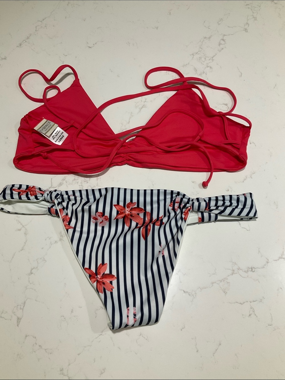 L Space Bikini Set Coral Bralette Top Floral Stripe Bottoms M L NWOT